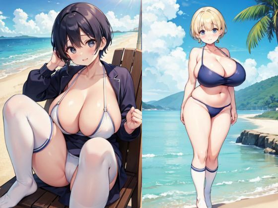 靴下・ニーハイ姿の巨乳で水着の美女(色気の垂れ流し) [d_382672]