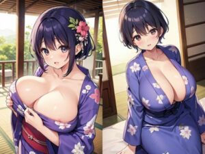 浴衣姿で巨乳のショートカット美女(色気の垂れ流し) [d_383218]