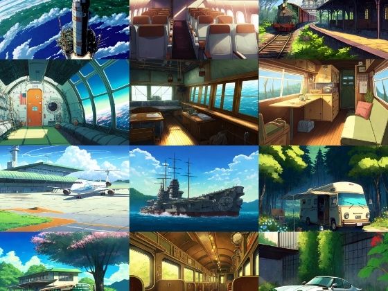 【アニメ映画風の乗り物系の背景】著作権フリーの高解像度画像（100枚）(Game Material Store) [d_267385]