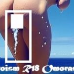 失禁写真アート:ごめんなさい、女子トイレ混んでて・・・、外でしちゃうね・・・。快晴の海のおもらしのひとこま、屋外全裸金髪女の立ち小便、爆尿一歩手前、ちょろちょろおしっこ。(EROISM‘s OPP-AI) [d_557672]