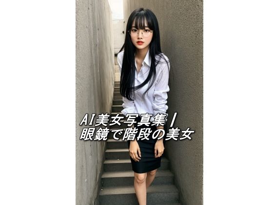 AI美女写真集┃眼鏡で階段の美女(AI美女写真集┃清楚な大人) [d_587589]