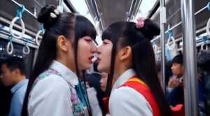 【満員電車】鼻と鼻をくっつけて睨み合う両者。(あいろこーぷ) [d_644516]