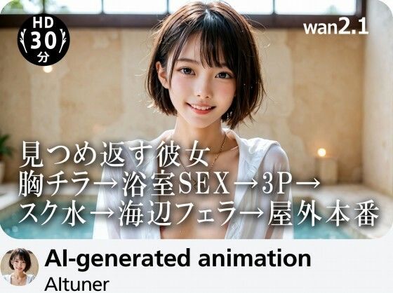 【30分HD】見つめ返す彼女──胸チラ→浴室SEX→3P→スク水→海辺フェラ→屋外本番(AItuner) [d_687848]
