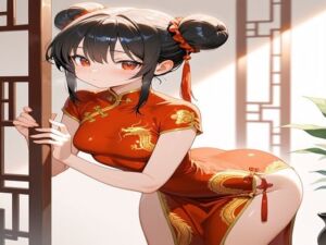 赤いチャイナ服を着た女の子と・・・(墨染めの筆跡) [d_751536]