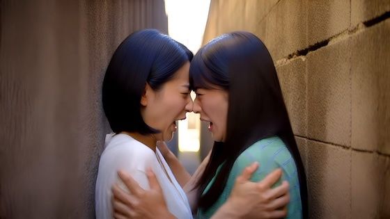 （ボイス有り）壁に挟まれ身動きが取れない中で鼻と鼻がぶつかって言い争いになるふたり。(あいろこーぷ) [d_753275]