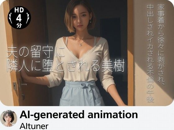 【4分】夫の留守に隣人に堕とされる美樹 ―― 家事着から徐々に剥がされ、中出しされイカされる不倫の午後(AItuner) [d_780891]