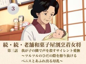 続・続老舗和菓子屋割烹着女将  第三話  我が子の隣で声を殺すサイレント愛撫〜ツルツルのひだの際を擦り抜けるペニスとあふれ出る母乳〜(青いらいおん) [d_808224]