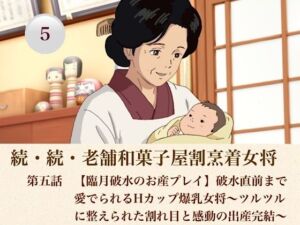 続・続老舗和菓子屋割烹着女将  第五話  【臨月破水のお産プレイ】破水直前まで愛でられるHカップ爆乳女将〜ツルツルに整えられた割れ目と感動の出産完結〜(青いらいおん) [d_808485]